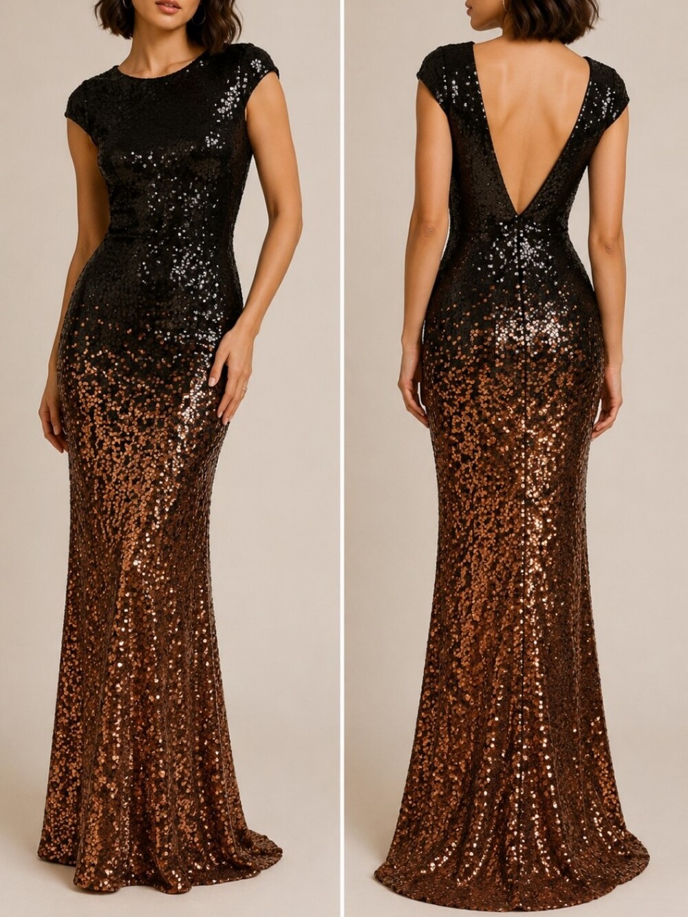 Dress The Population Ombre Sequin Gown Dress Black Bronze Cap Sleeve Open Back S